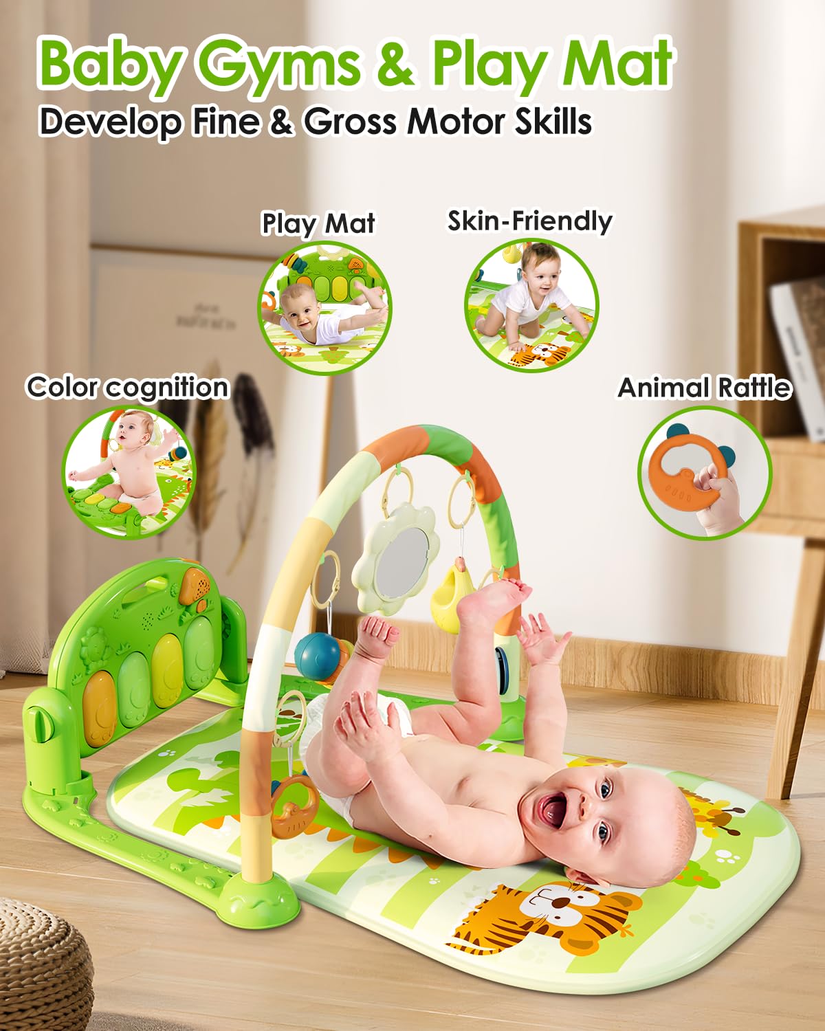 Dearlomum Baby Play Mat & Gym, Funny Piano Tummy Time Activity Mat with 5 Sensory Toys, Music & Lights - Boy & Girl Gifts (0-12 Months, Green)