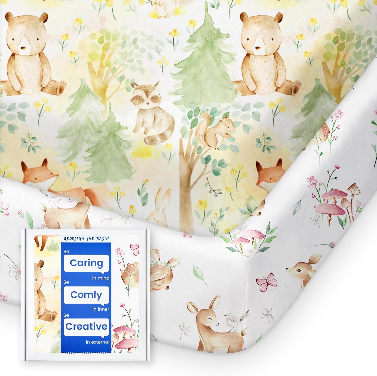 Mini Crib Sheets 24x38, Ultra Soft Pack N Play Sheets Fitted Boy Girl, Neutral Pack and Play Mattress Sheets, Premium Jersey Knit Portable Crib Sheets Hypoallergenic, Forest Bear & Deer
