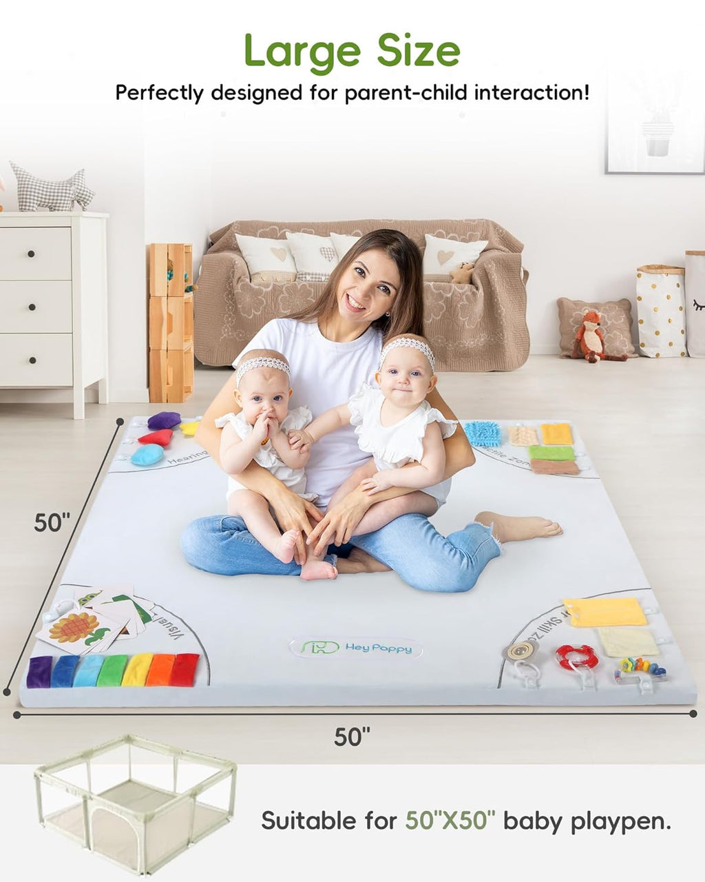 Baby Play Mat, 50''x50'' Playpen Mats with 4 Sensory Development Zones for Motor Skills, Unique Crawling Mats with Non-Slip Cushioned That Fits Nicely into Any Playroom, Grey