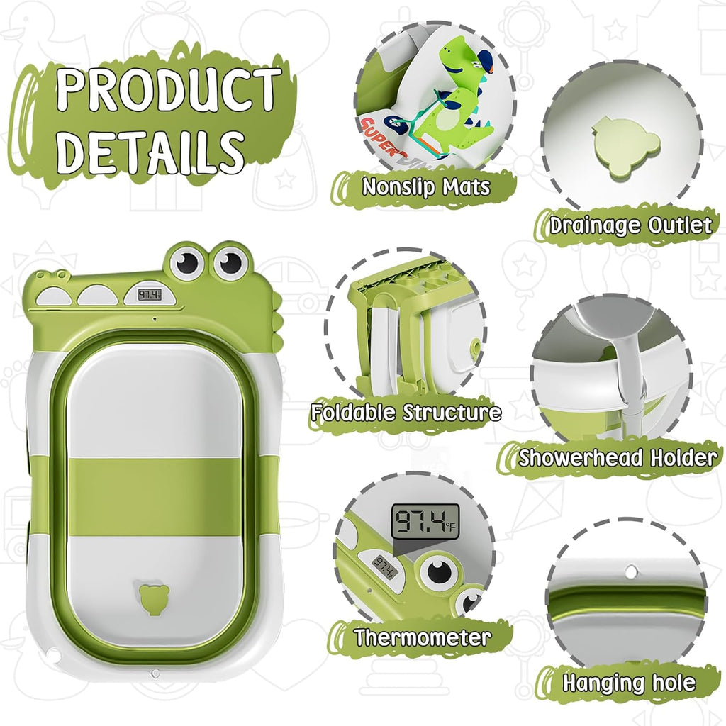 MoreFeel Collapsible Baby Bathtub for Newborn with Thermometer & 1 Hooded Towel & 1 Soft Floating Cushion,Portable Travel Bathtub with Drain Hole, Durable Foldable Baby Tubs for Infants to Toddler
