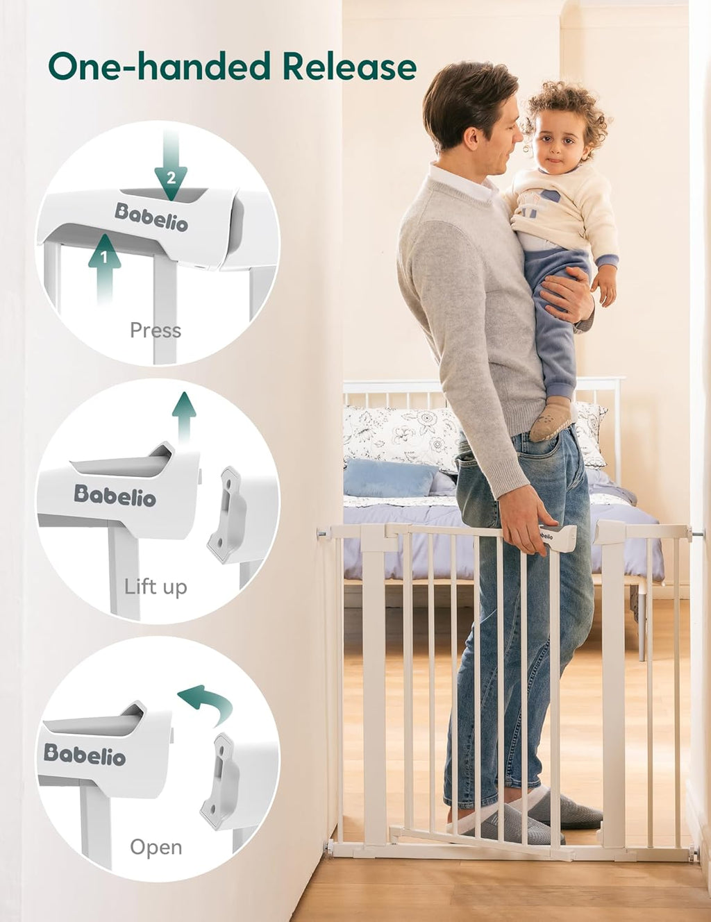 BABELIO 36" Extra Tall Dog Gate, 26-40" Wide Auto Close Baby Gate, Pressure Mounted Metal Pet, Easy Install No Drilling, No Tools Required, With Wall Protectors and Extension Kits, White