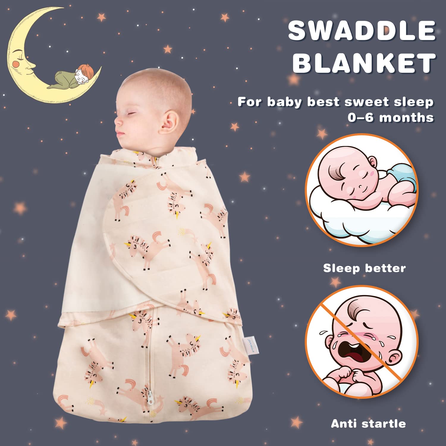 Swaddle-Blanket Baby Girl & Boy Swaddles Newborn Infant Transition 100% Cotton Wrap Blankets, 3-Way Adjustable Wearable Blanket, TOG 1.0 (Happy Unicorn, 3-6 Month)