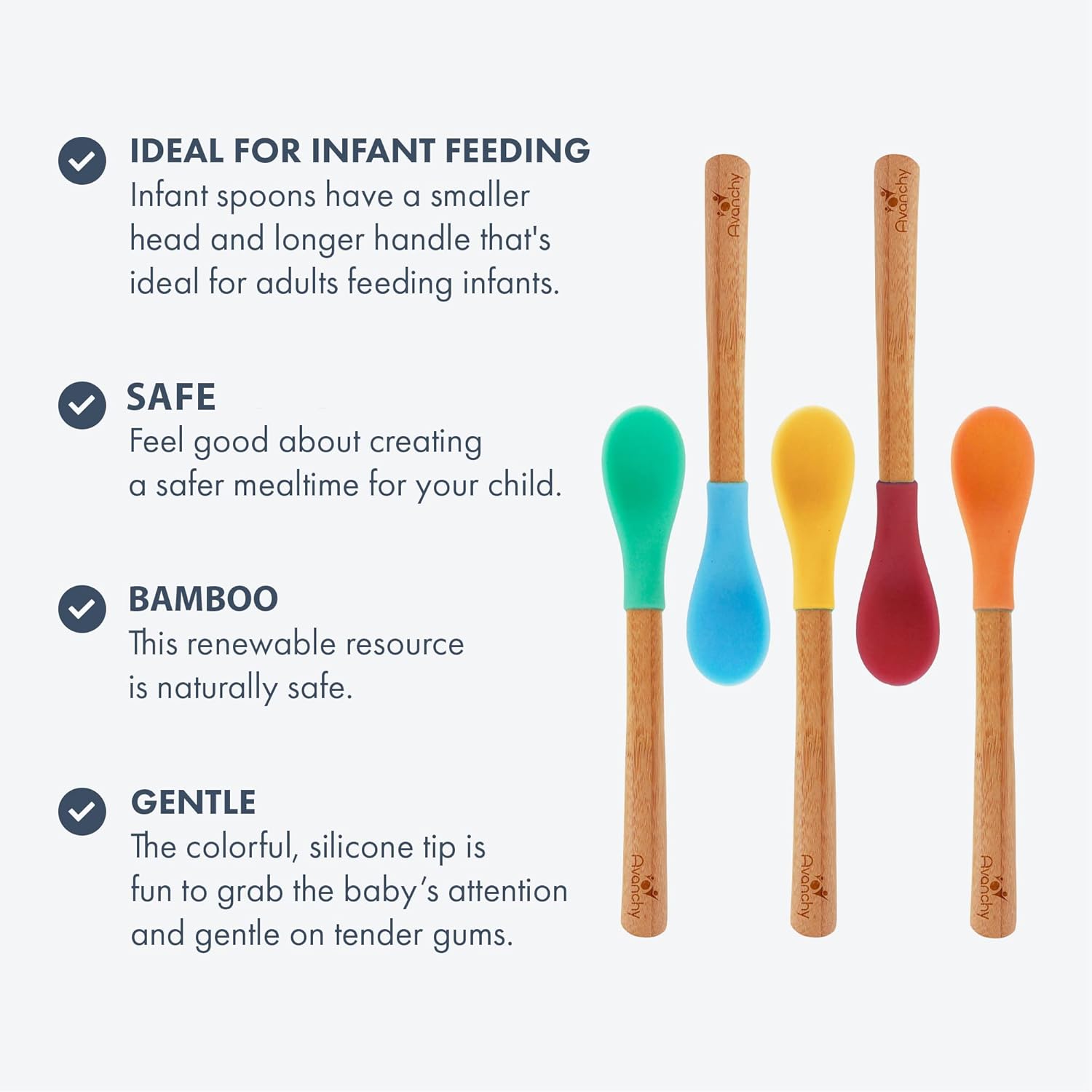 Avanchy Bamboo & Silicone Infant Training Spoons, BPA Free - Soft Tip, Easy on Gums, First Stage Feeding Utensils for Baby-Led Weaning, Self-Feeding, Black