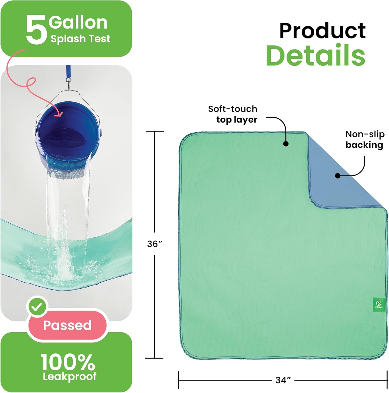 IMPROVIA® Washable Underpads, 34" x 36" (Pack of 4) - Heavy Absorbency Reusable Bedwetting Incontinence Pads for Kids, Adults, Elderly, and Pets - Waterproof Protective Pad for Bed, Couch, Sofa, Floor