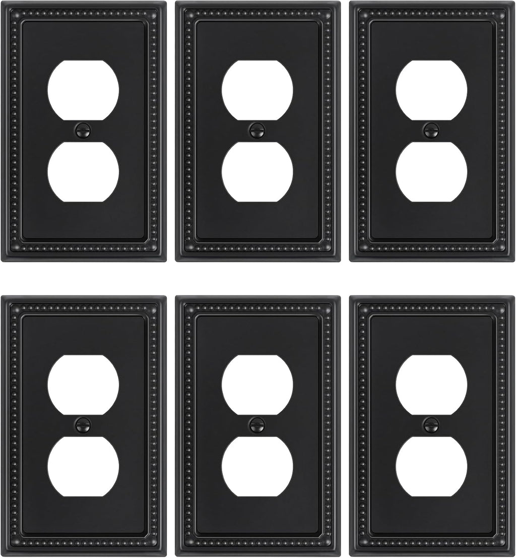 6-Pack Duplex Outlet Cover, Black Metal Wall Plates for Electrical Outlets, 1 Gang Receptacle Light Switch Cover, Pearls Beaded Decorative Switch Plates and Outlet Covers