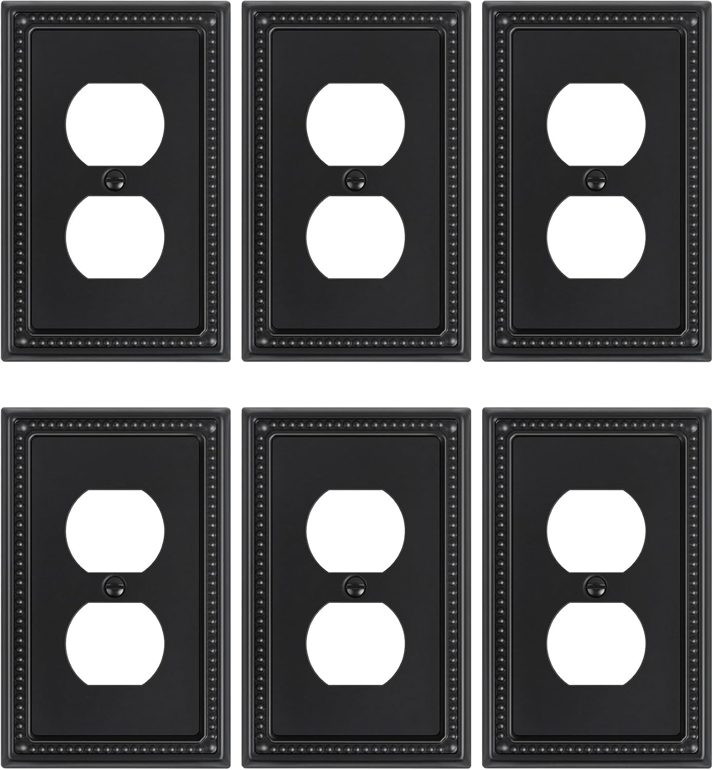 6-Pack Duplex Outlet Cover, Black Metal Wall Plates for Electrical Outlets, 1 Gang Receptacle Light Switch Cover, Pearls Beaded Decorative Switch Plates and Outlet Covers