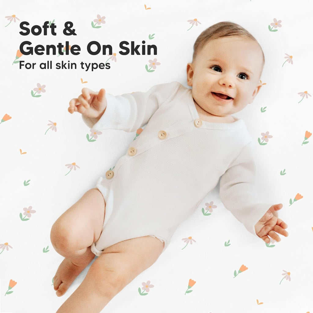 2-Pack Mini Crib Sheets Fitted - 38x26 Pack N Play Sheets for Pack and Play Mattress, Organic Cotton, Soft & Breathable Playard Bedding, Neutral Mini Toddler Bed Cover for Boys, Girls (Wildflowers)