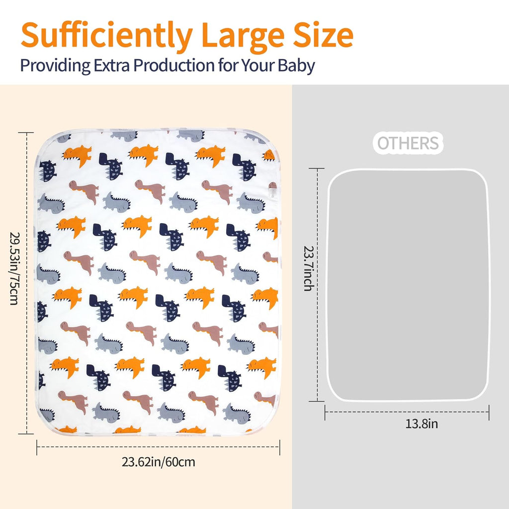 2Pcs Diaper Changing Pads for Baby, Dinosaur Change Mat, 3Layers Waterproof Change Pad Foldable Absorbent Mats for Women, Reusable Incontinence Underpads for Patient 24''x30'' (Colorful Dinosaur)