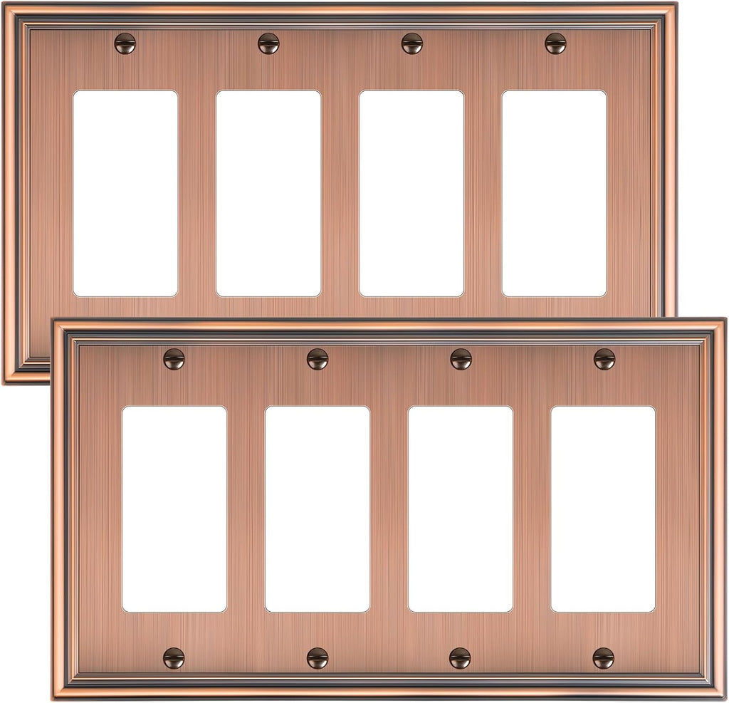 2-Pack Quad Decorator Outlet Cover Plate, Zinc Alloy Antique Copper Switch Plates and Outlet Covers, 4 Gang Wall Plates for Electrical Outlets, Receptacle, GFCI Outlet, Dimmer Switch
