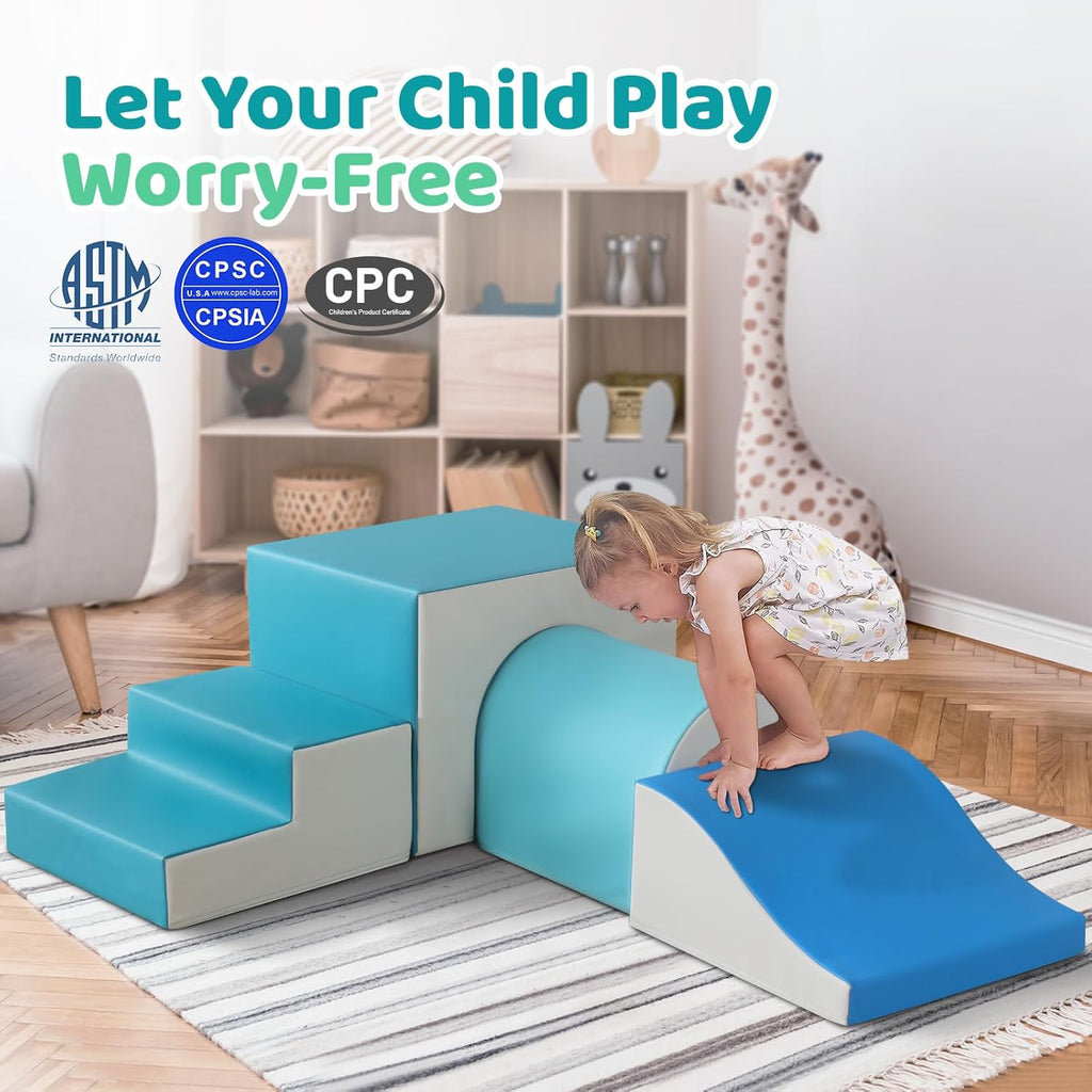 Sumbababy Foam Climbing Blocks for Toddlers: with a Tunnel - 4 PCS Foam Blocks - Kids Indoor Climbers Play Structures Play Gym Soft Climber with Slide and Stair Soft Playground Green