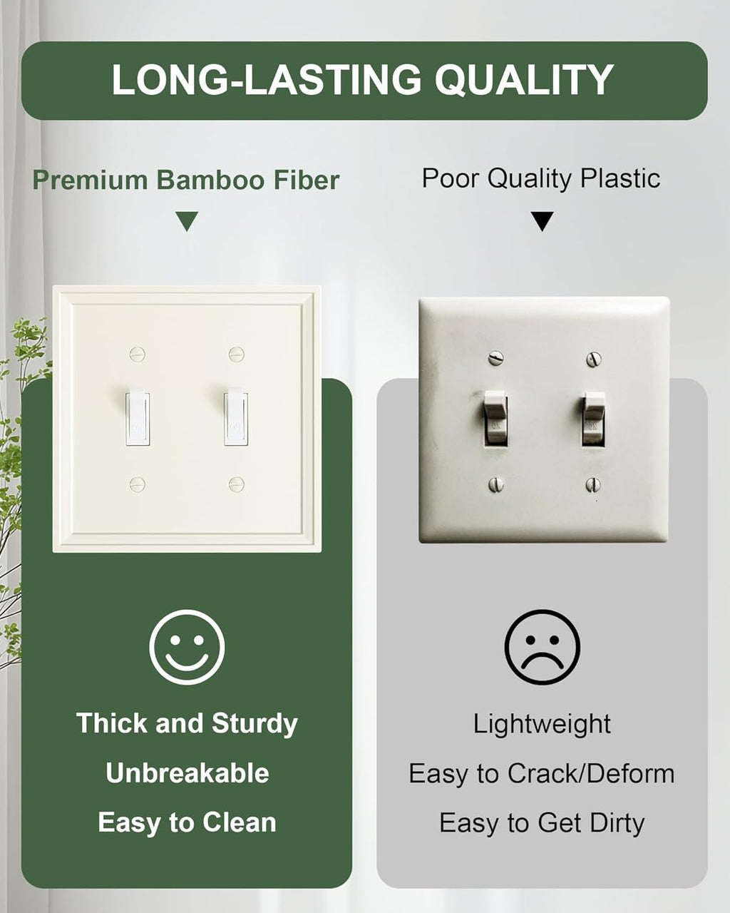 2-Pack Double Toggle Light Switch Cover Plate, Light Almond Decorative Dual Switch Plate Covers, Natural Bamboo Fiber 2 Gang Wall Plate, Corrosion Resistant