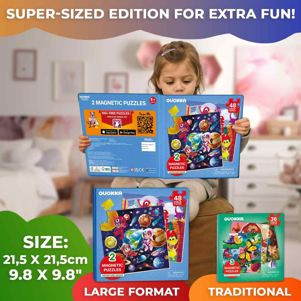 QUOKKA Magnetic Puzzles for Toddlers 4-6 - 2x48 Travel Puzzle Games for Kids Ages 3-5 Years Old - Dinosaur Car Activities Toy for Boys and Girls 2-4 yo - Space Learning Magnet for Road Trip