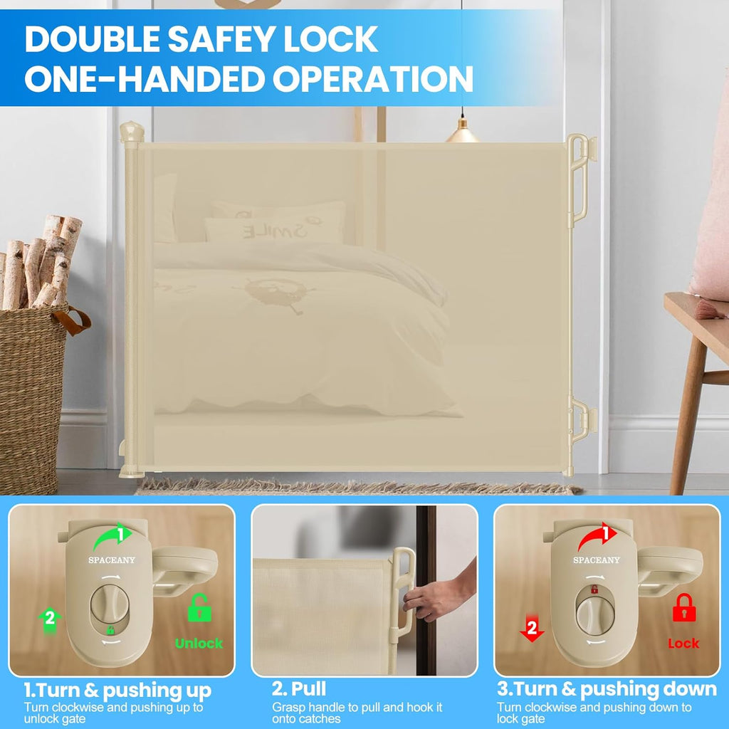Retractable Safety Baby Gate or Mesh Dog Gate,Durable Portable Mesh Retractable Gate,Easy to Use for Stairs, Doorways, Hallways, Indoor, Outdoor, 33.5" Tall, Up to 65" Wide, Cream