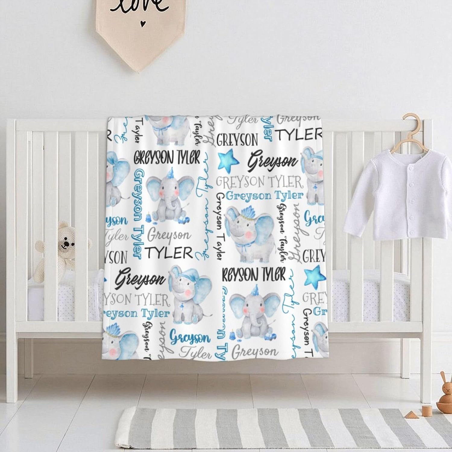 Personalized Elephant Swaddle Blanket with Name - Custom Baby Blanket for Boys & Toddlers - Kids & Newborn