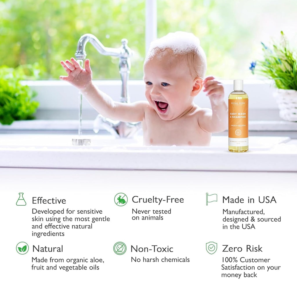 SoCal Suds & Company Baby Shampoo & Body Wash, 2-in-1 Organic Gel-Gentle Castile Soap with Vitamin-Infused Oils & Botanicals - Natural Care for Sensitive Skin Hypoallergenic - 12oz Sweet Orange 2-Pack