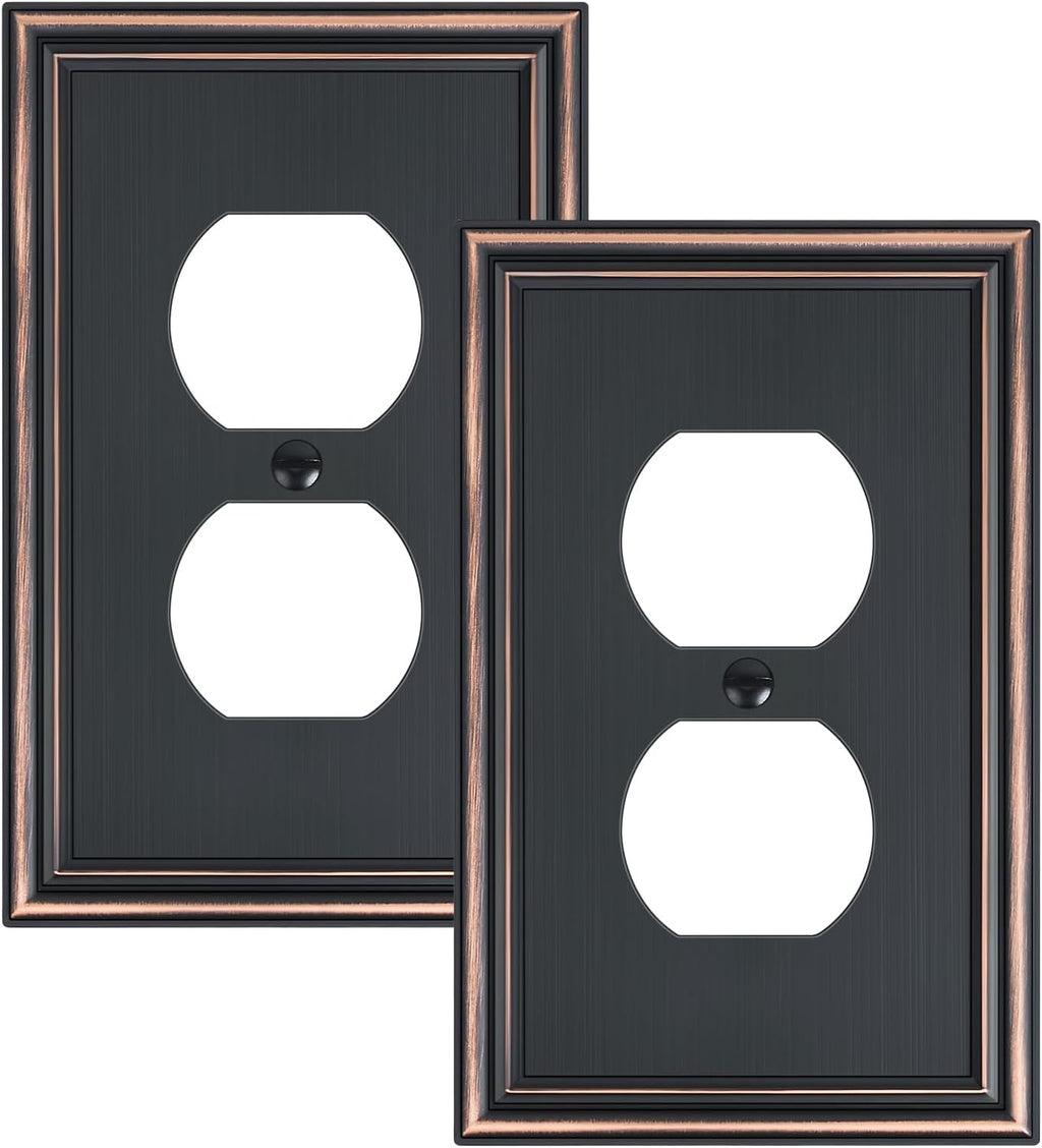 2-Pack Single Duplex Outlet Cover Plate, Decorative Aged Bronze Switch Plates and Outlet Covers, Metal Wall Plates for Electrical Outlets, 1 Gang Receptacle Cover, Corrosion Resistant