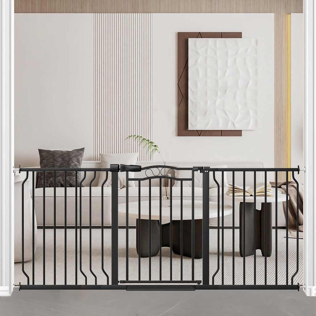 Fairy Baby 62.5"-71.6" Extra Wide Long Pet Dog Gate for The House, Baby Safety Child Gate for Stairs Doorways Garden, Pressure Mounted Toddler Gate, Metal Auto Close Large Pet Gate Walk Thru, Black