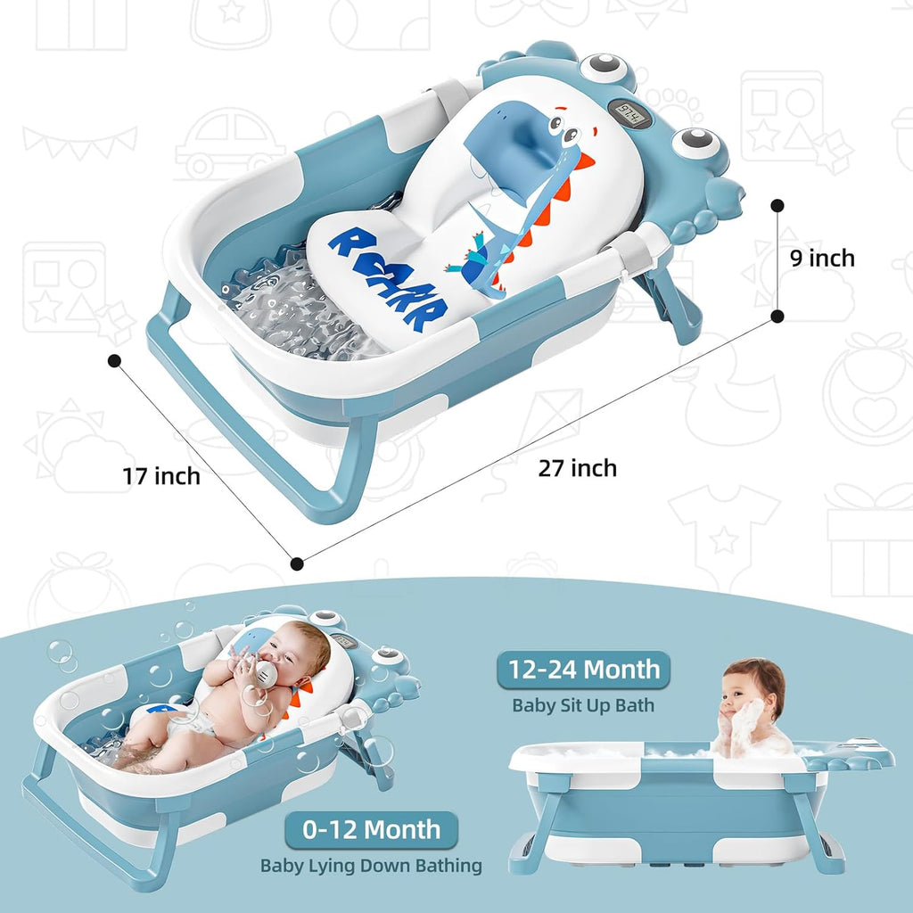 Collapsible Baby Bathtub for Newborns to Toddler with Real-time Temp Monitor & Floating Cushion,Portable Travel Tub for 0-36 Month, Foldable Baby Bath Tub for Infants Boy (Light Blue)