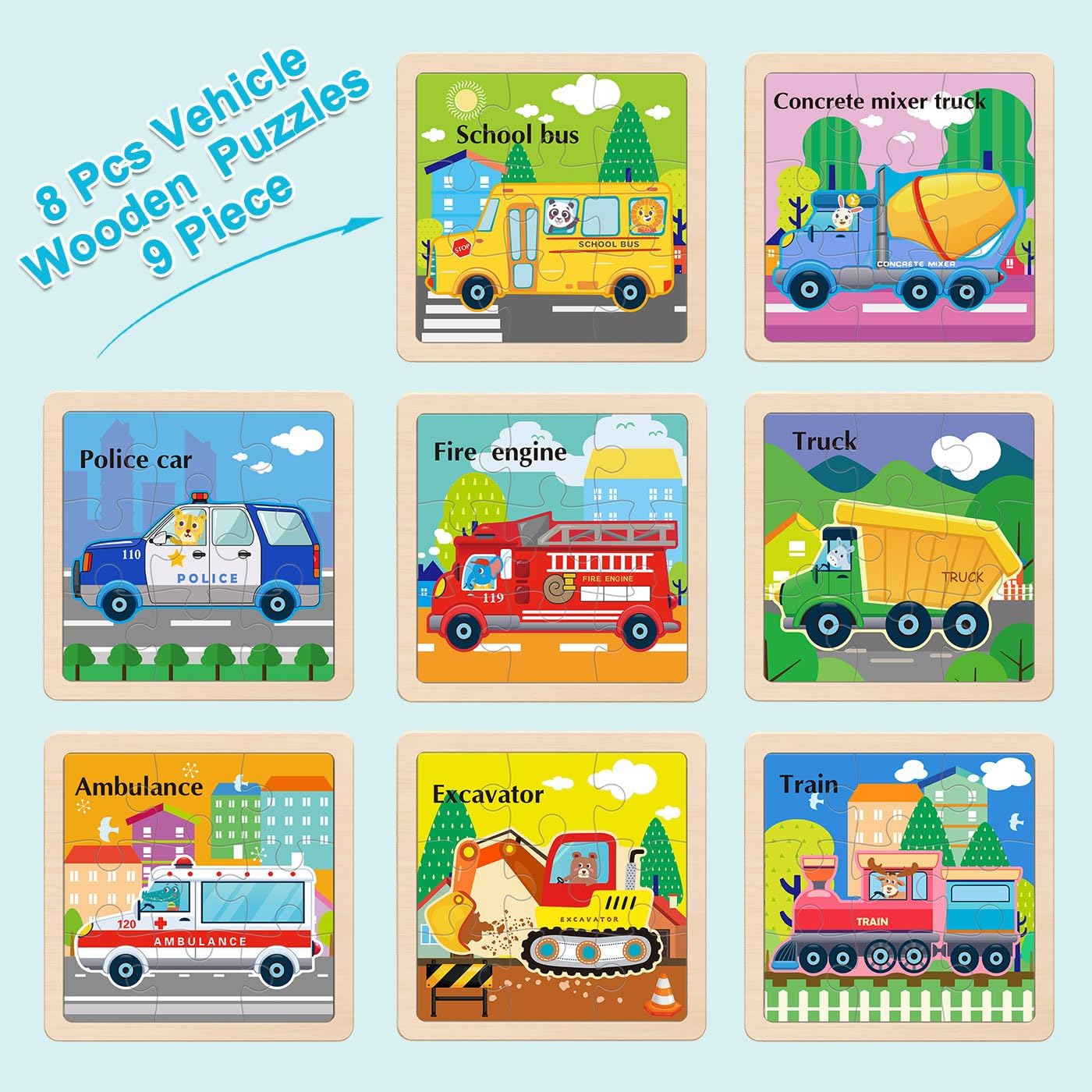 Wooden Puzzles for Toddlers 2-4, 9 Pieces Vehicle Jigsaw Puzzles for Kids Ages 3-5, Toddler Toys for 2-4 Preschool Learning Activities, Learning & Educational Toys, Gifts for Boys, Girls