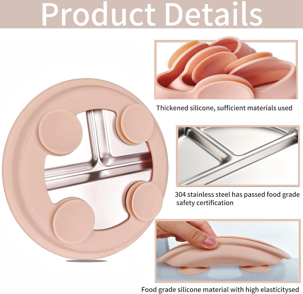 3Pack Stainless Steel Kids Plates, 8.1" Divided Toddler Plates with Removable Silicone Suction Sleeves for Baby Highchairs, Non Toxic BPA Free Non-Slip Unbreakable Snack Lunch Plate