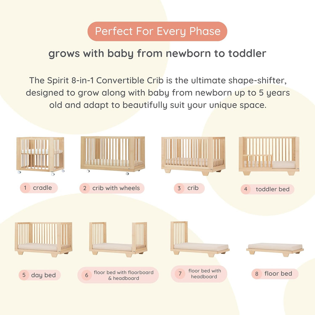 dadada Spirit 8 in 1 Convertible Crib to Toddler Bed & Floor Bed, Made in Italy, Greenguard Gold Certified, Adjustable Mattress Heights (Natural)
