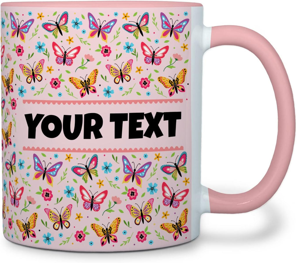 Personalized Mug for Kids - Butterflies - Custom Name/Text, Ceramic Hot Chocolate/Cocoa/Coffee Cup for Girls, Birthday/Christmas/Holiday Gift - 11 oz, Pink Handle
