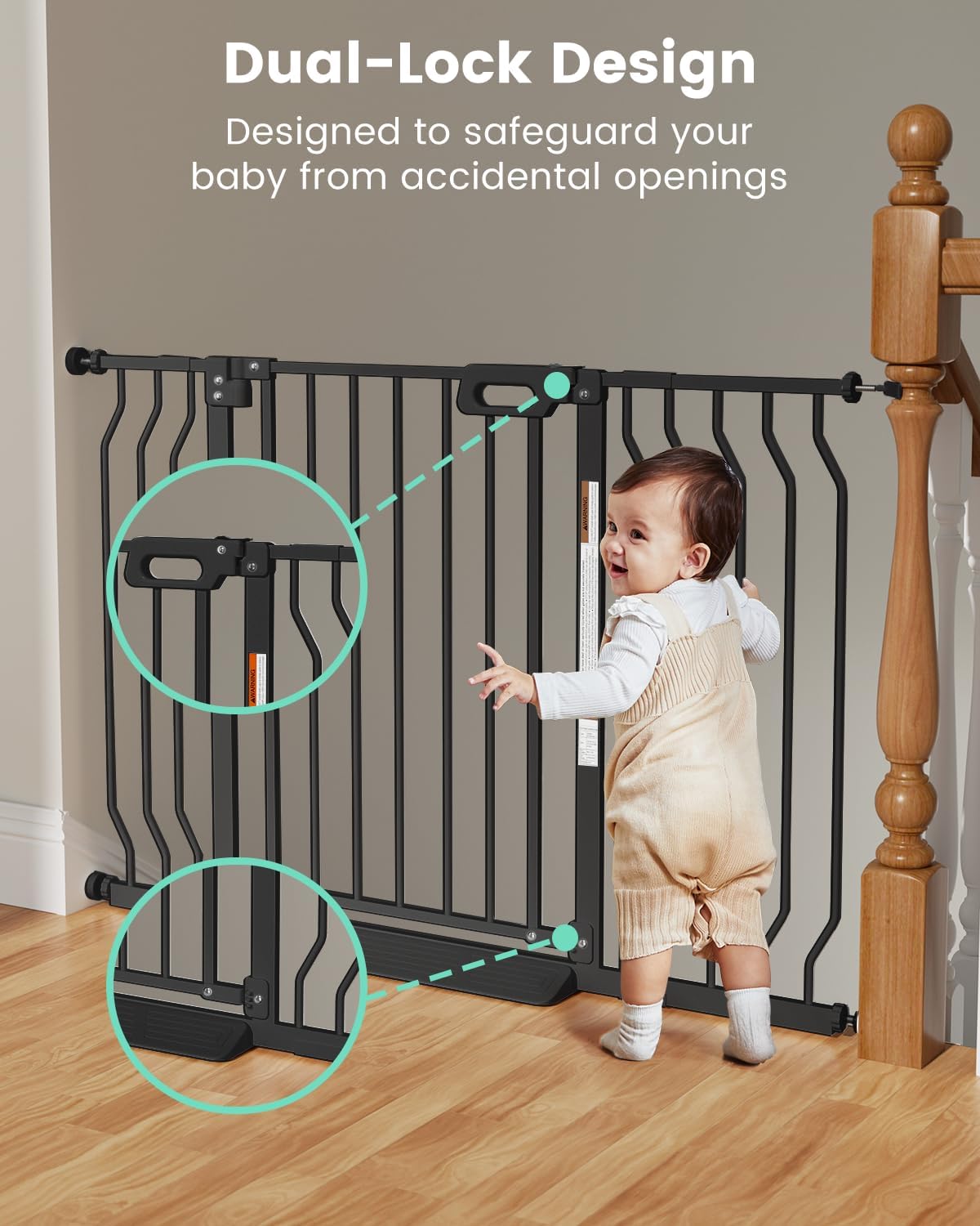 Mom's Choice-GROWNSY Baby Gate for Stairs, 29.5"-48.4" Pressure Mounted Baby Gate for Top of Stair&Doorway with Y-Spindle Rods, Anti-Trip Pedal, Wide Stairs Dog Gate Easy Install w/Red Reminder,Black