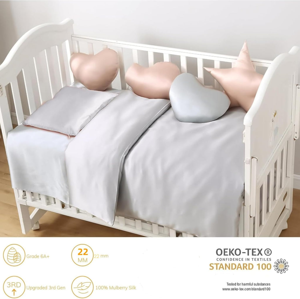 Organic Silk Baby Pillowcase with Zipper, Small 10"x13" Pillow Cover for Boys & Girls, Ideal for Bed & Travel, Soft for Kids Hair & Skin, Hypoallergenic Pillowcases for Toddlers (Grey+Pillow)