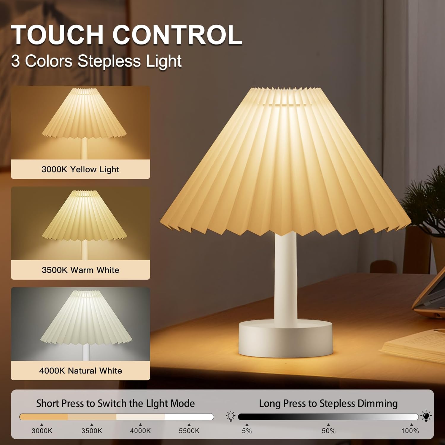 Tremdwoto Bedside Night Light for Kids,3 Colors Modes & Stepless Dimmable Cordless Night Lights,USB Rechargeable Nursery Lamp Nightlight, Cute Bedside Night Light for Bedroom, Kids Room, Dorm