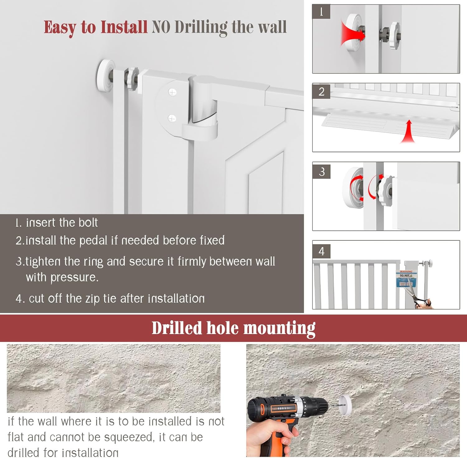 Glaf Extra Tall Pet Gate 63" Pressure Mounted Cat Door Safety Metal Cat Gate Adjustable Width Dog Door Auto-Close Dog Gates for Doorways, Stairs, Kitchen, Hallway (White, 29.92-33.46")