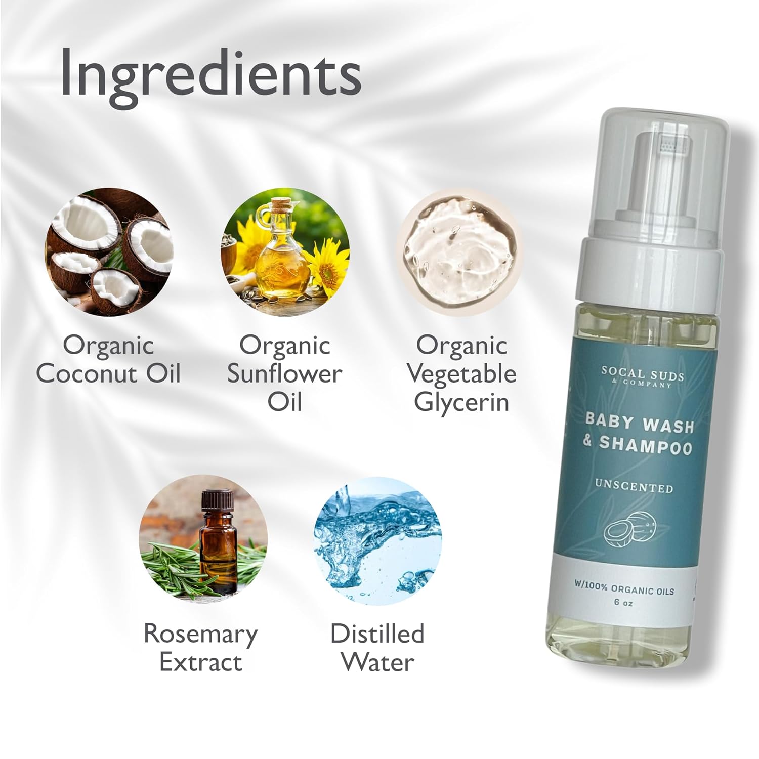 SoCal Suds & Company Gentle Botanical Baby Wash for Sensitive Skin - 2-in-1 Organic Foaming Shampoo & Body Wash - Clean Natural Nourishing Castile Soap Ingredients - Fragrance Free (Pack of 1), 6 oz