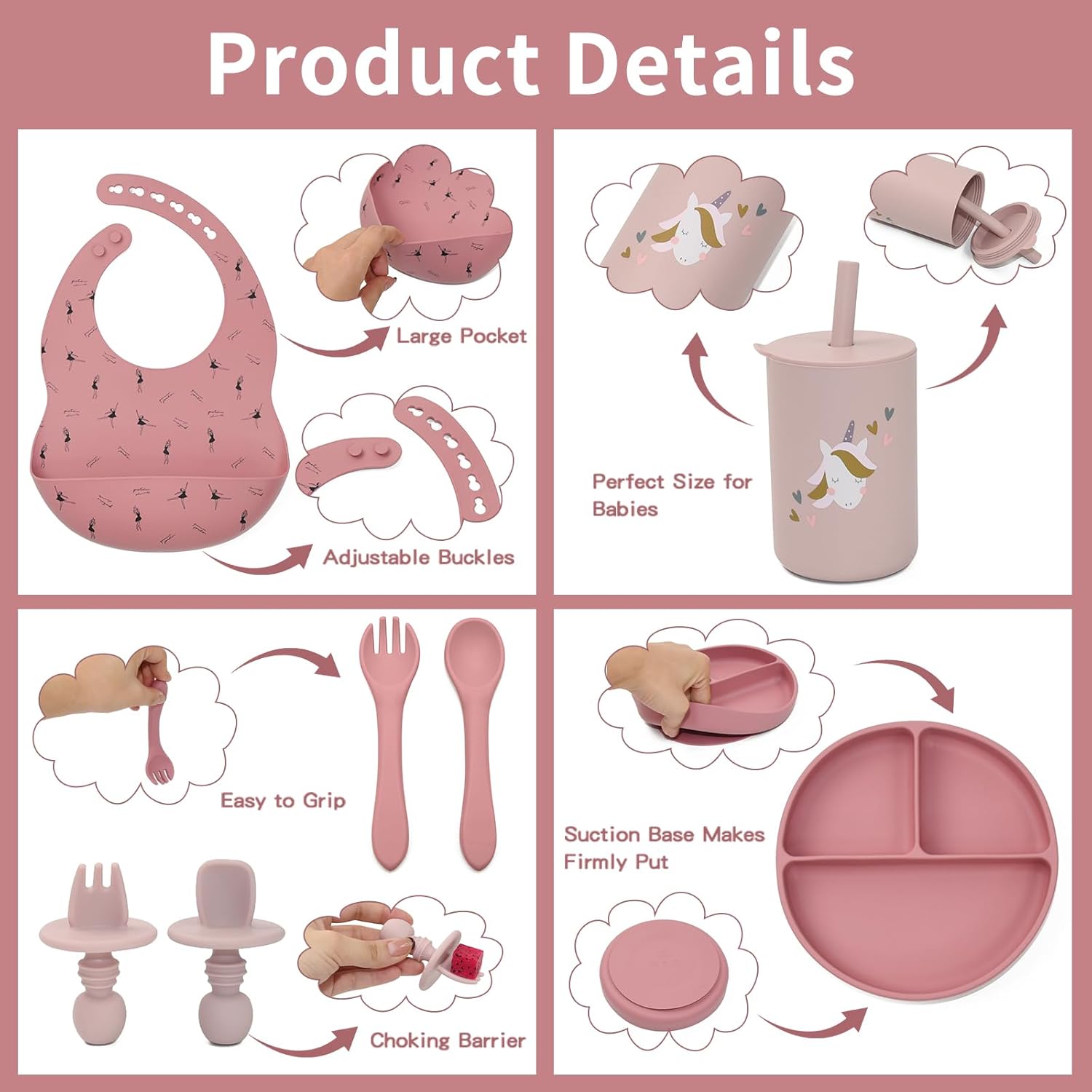 Silicone Baby Feeding Set, Baby Led Weaning Supplies, Baby Spoons Suction Divided Plate Bib Cup, First Stage Solid Food Eating Utensils - 6+ Months(Pink-Red)