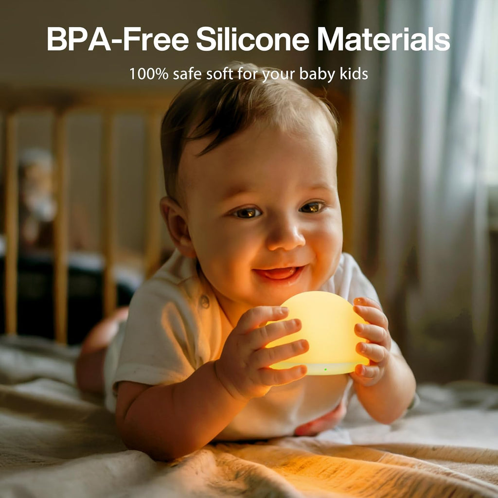 JolyWell Baby Night Light for Nursery, Soft Silicone Tap Control Night Lamp with 8 Color Changing, Stepless Dimming, Rechargeable Portable Night Light for Kids, 1H-Timer, Warm Light for Breastfeeding