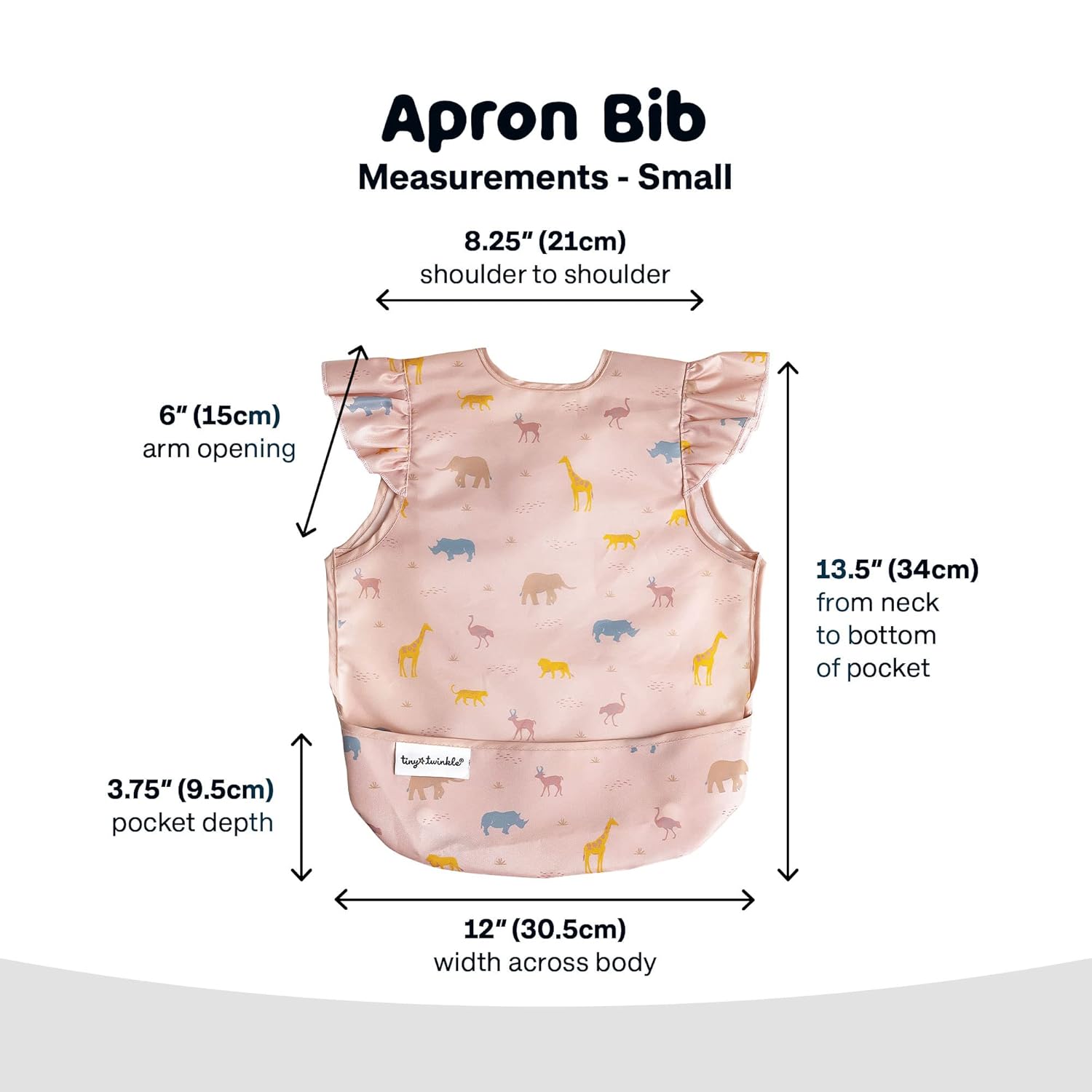 Tiny Twinkle Mess Proof Baby Bib - Waterproof & Lightweight Baby-Led Weaning Apron | 100% Recycled Polyester, Easy Clean & Machine Washable (Petite Safari, Small 6-24 Months)