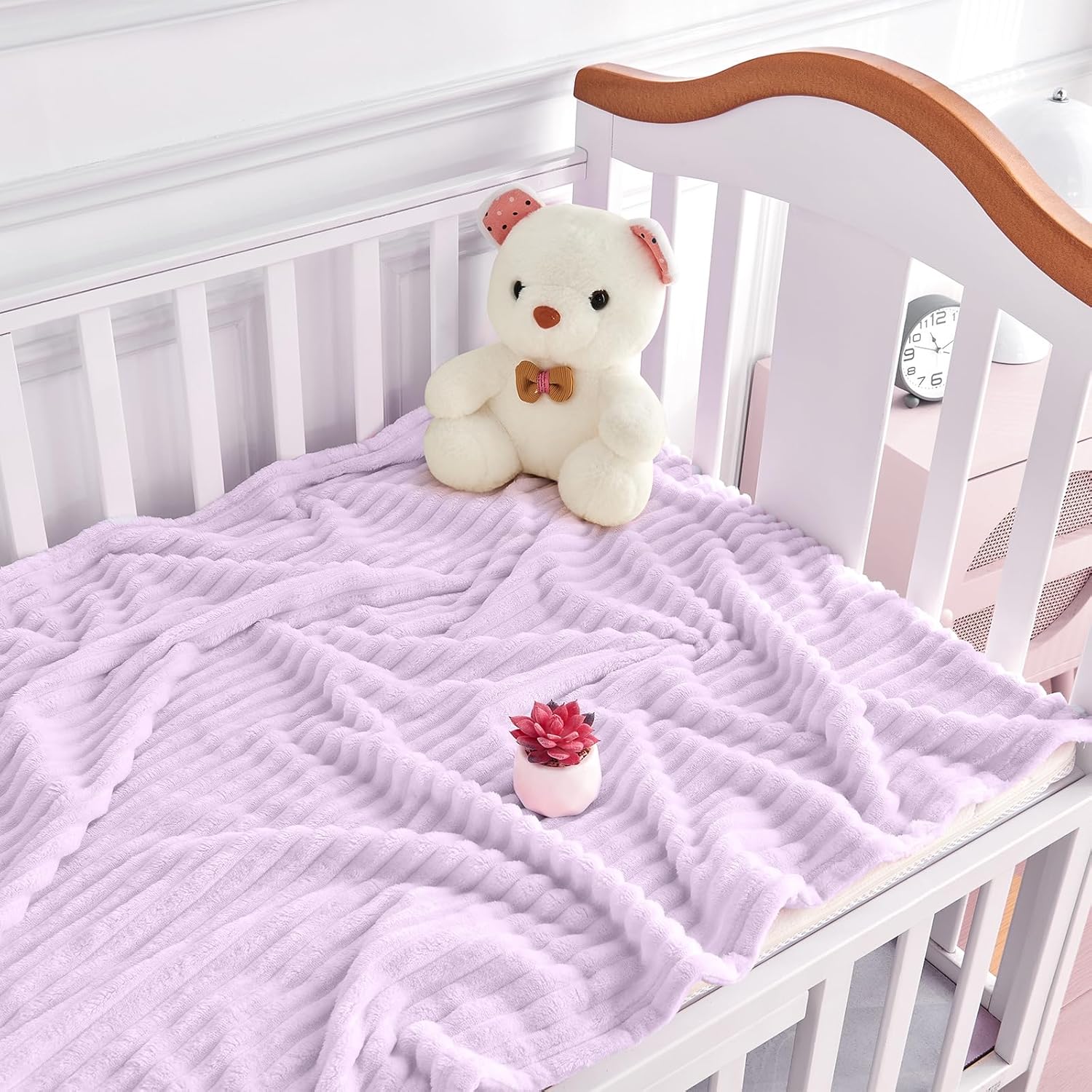Soft Fleece Baby Blanket Ultra Cozy Baby Blankets for Girls Warm and Lightweight Infant Toddler Newborn Receiving Gift with Reversible Stripes for Crib Stroller, 30x40 Inch, Light Purple