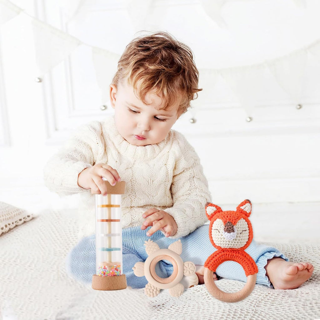 Youuys Wooden Baby Rattle Set (3pcs) - Crochet Rattle Rain Stick Teething Toys, Wooden Montessori Toy for Newborn Infant Baby Rattles Set Toys 3-6 Months (Fox)