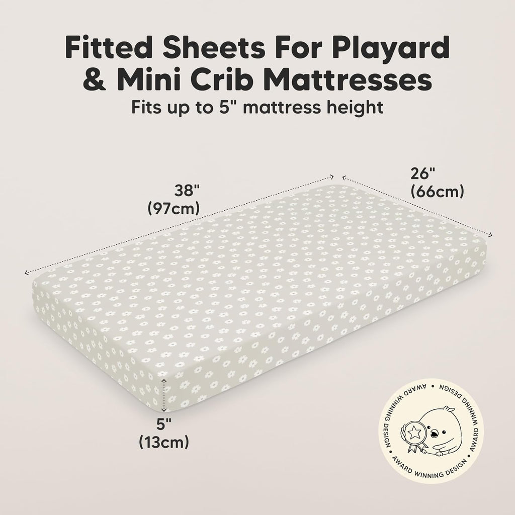 2-Pack Mini Crib Sheets Fitted - 38x26 Pack N Play Sheets for Pack and Play Mattress, Organic Cotton, Soft & Breathable Playard Bedding, Neutral Mini Toddler Bed Cover for Boys, Girls (Meadow)