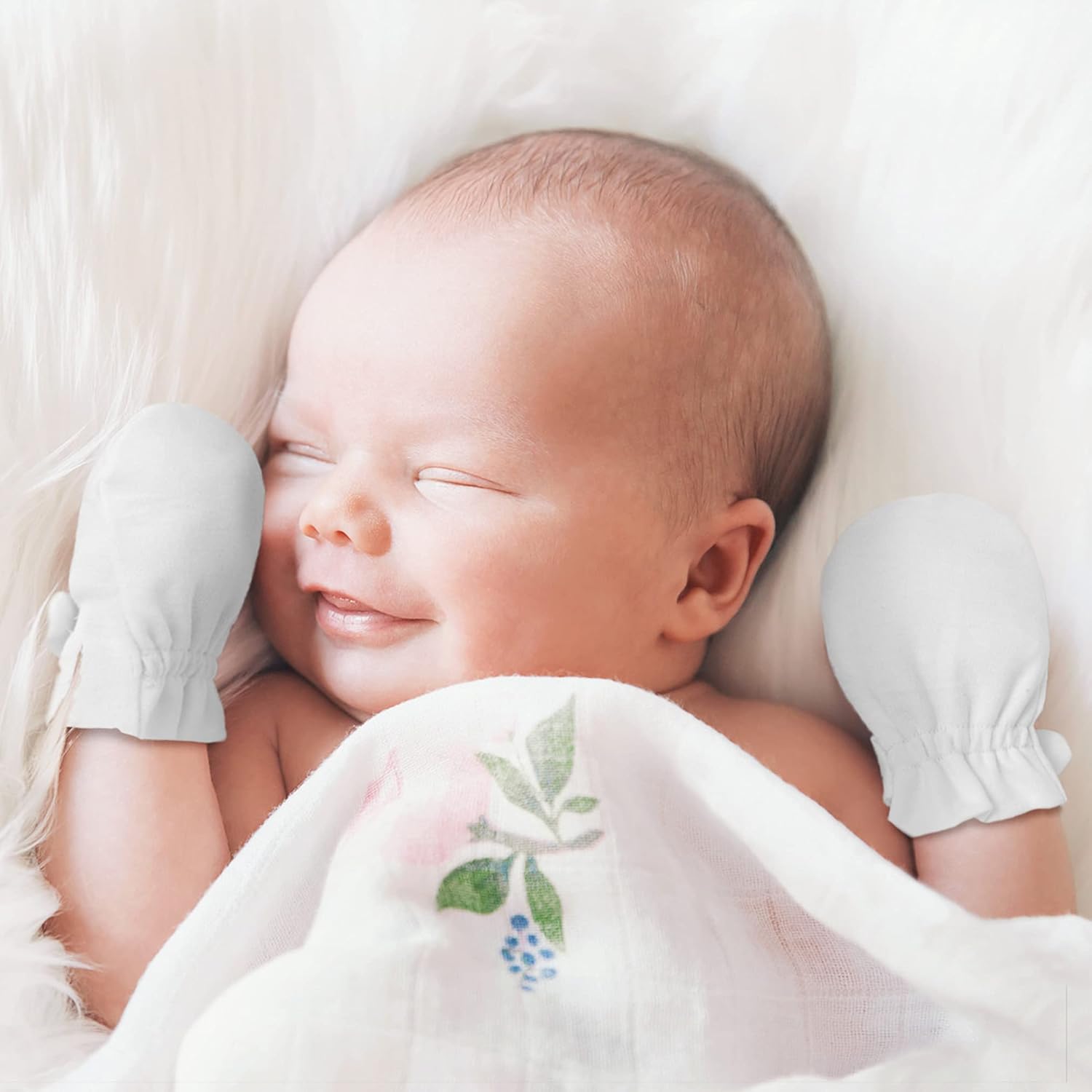 Newborn Baby No Scratch Mittens Stay On, 100% Cotton Breathable, Adjustable Infant Gloves for Baby Boys Girls Mittens