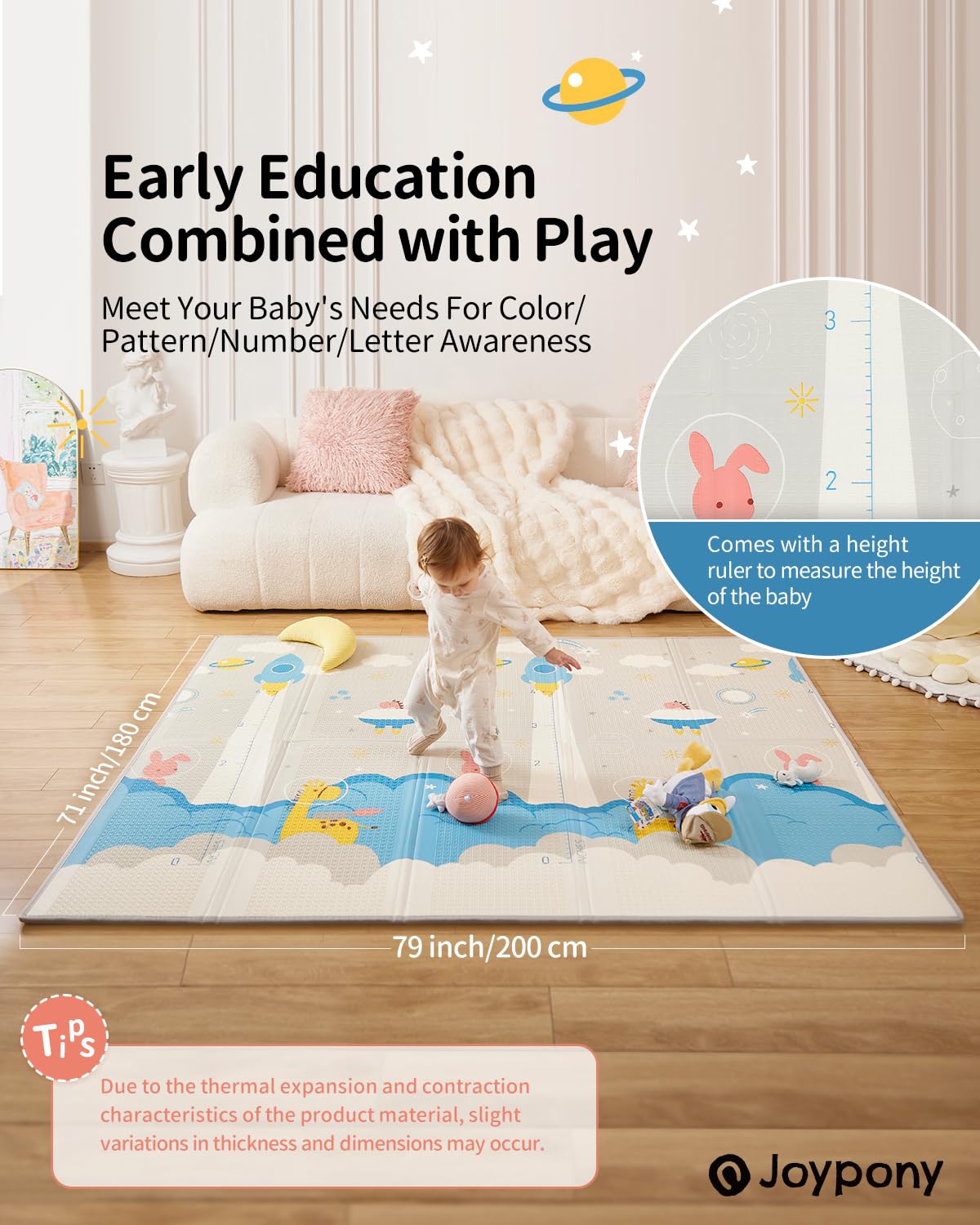 Baby Play Mat 79x71x0.6 inches, Fabric Cloth Surface Extra Large & Thick Foldable Play Mats, Waterproof & Anti-Slip Portable with Travel Bag