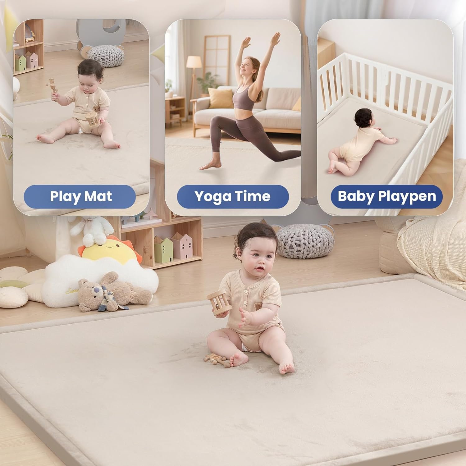 Baby Play Mat for Floor,1.3" Thick Memory Foam Tummy Time Mat,Soft Coral Velvet Nursery Rug,Extra Large Non Slip Crawling Mat for Toddlers,Infants,kids,Yoga Mat,Tatami Mat for Living Room(Beige)