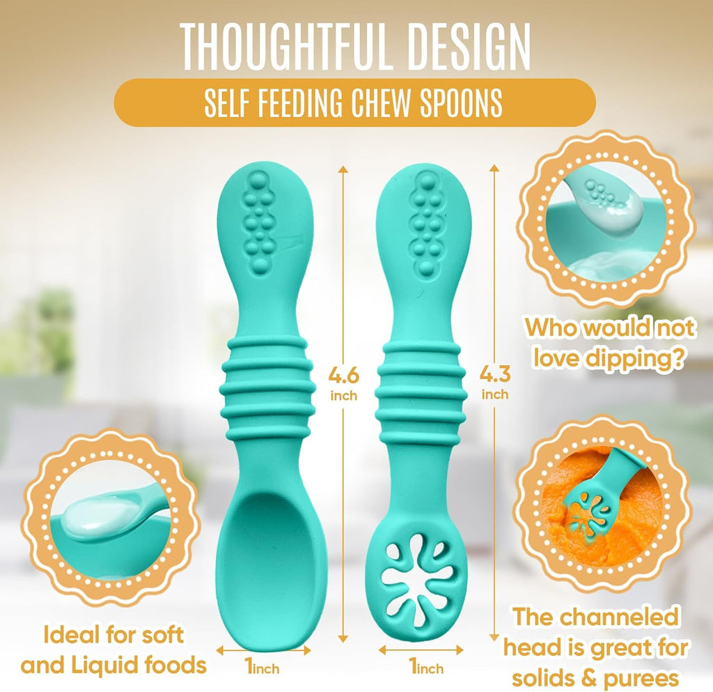 4pc Silicone Baby Spoons Self Feeding Baby Utensils 6-12 Months - 3 Baby Spoon - 1 Baby Fork - Toddler Cutlery Set - BPA Free, Dishwasher Safe - Baby Eating Essentials (Turquoise/Pickle)