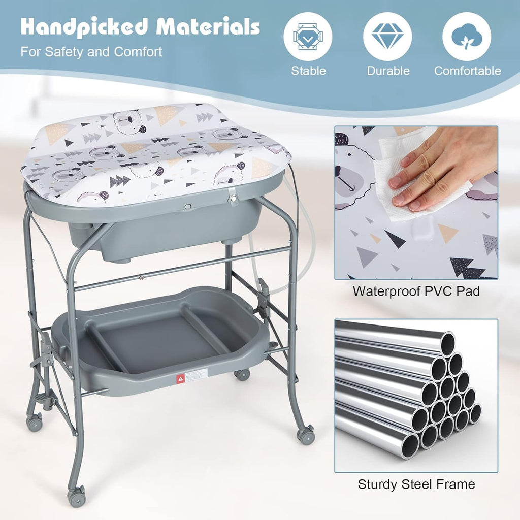 HONEY JOY Baby Changing Table with Bathtub, Foldable Infant Diaper Changing Station with Wheels, Storage Tray, Waterproof Pad, Portable Newborn Nursery Organizer Bath Stand for Boys Girls (Gray)
