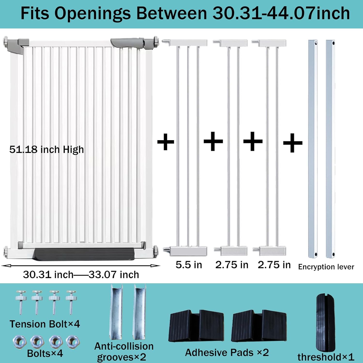 51 Inch Extra Tall Baby Gate Auto Close Cat Gate Adjustable 29.92"-43" Wide Pressure Mounted Pet Gate for Doorways,Stairs, House (White, 51.18 inch)