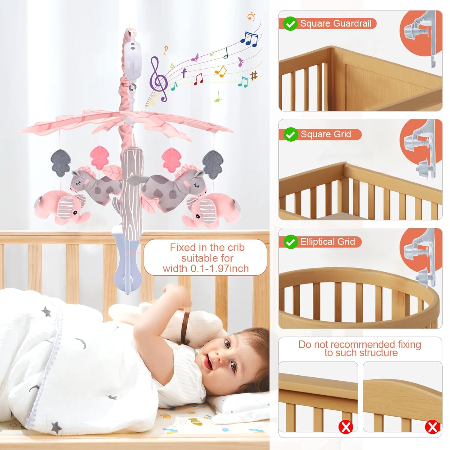 Upgraded Blublu Park Musical Mobile for Crib, Baby Crib Mobile with Hanging Rotating Toys Woodland Nursery Decor for Newborn Baby Boys Girls, Digital Music Box with 3 Modes, 12 Lullabies (Pink)