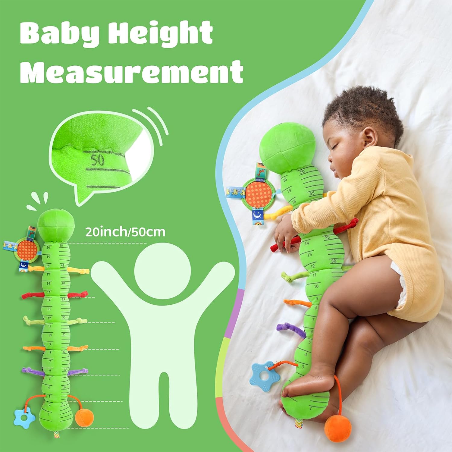 Baby Toys 6-12 Months Music Caterpillar Infant Toys Stuffed Animals 0-3-6 Months Tummy Time Teething Sensory Toys with Mirror Rattle&Pull String for Boys Girls Birthday Gifts|Green,Knot Limb