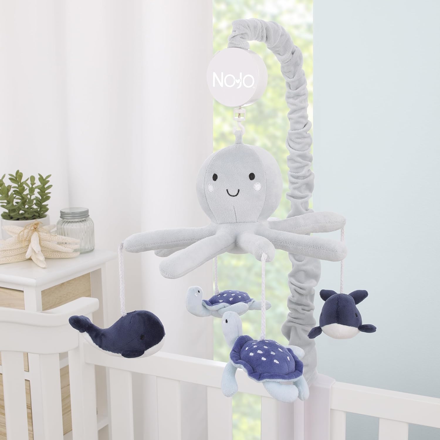 NoJo Plush Octopus Gray and Navy Whales and Sea Turtles Musical Mobile