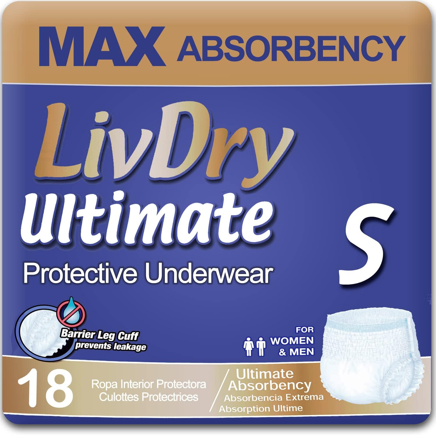 LivDry Ultimate Adult Incontinence Underwear, High Absorbency, Leak Cuff Protection, Small, 18-Pack