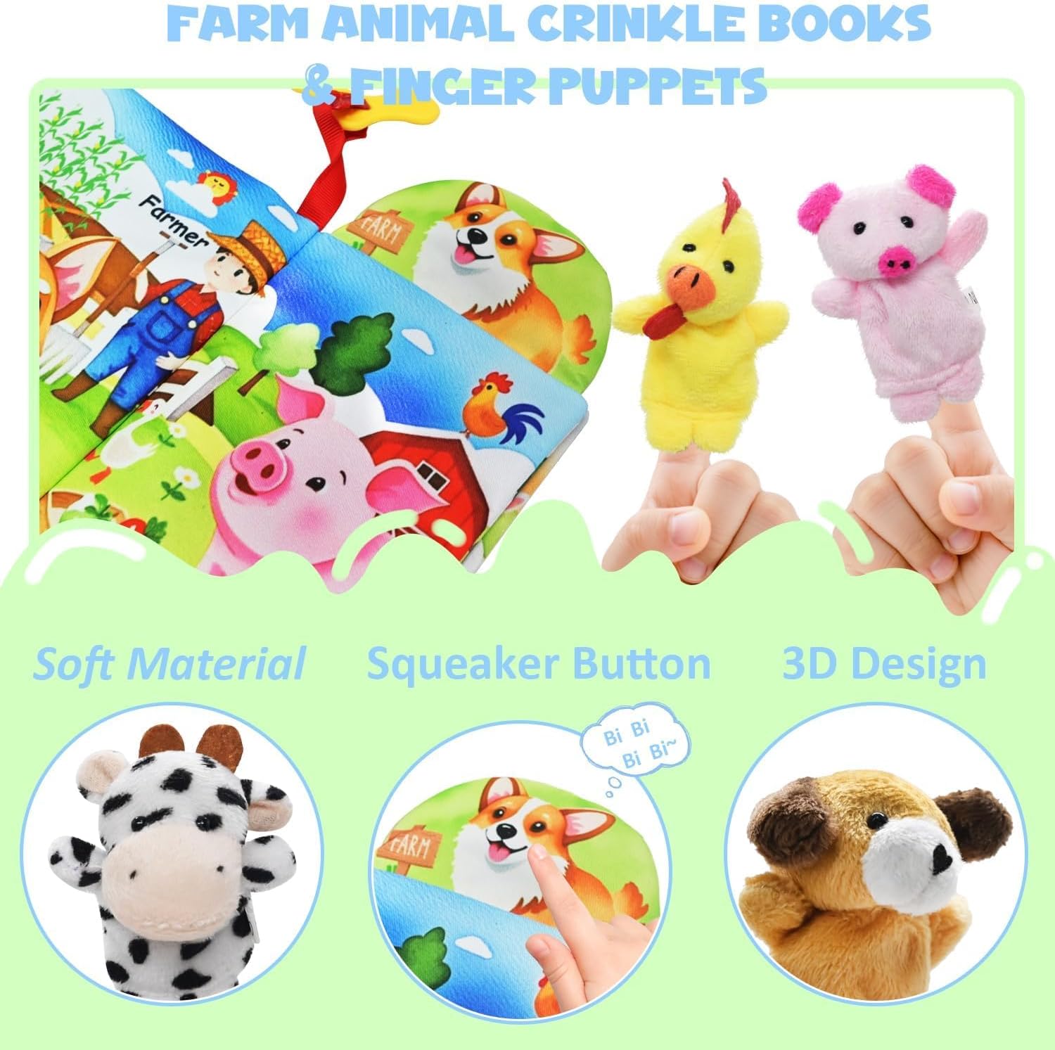 Farm Crinkle Books for Babies with 10 Finger Puppets Set, Touch and Feel Cloth Soft Farm Animal Tail Book with BiBi & Teething Toy, Puppets for Kids Ages 4-8, Baby Shower Birthday Gifts