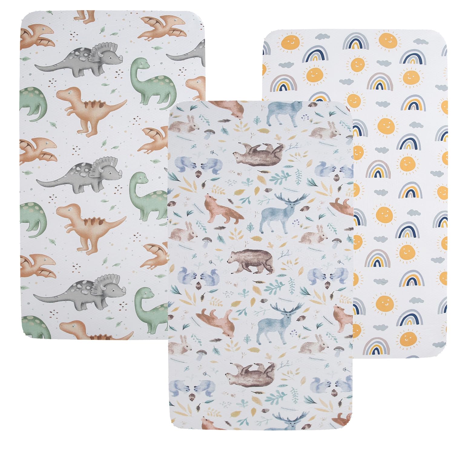 Pack n Play Sheet Stretchy Fitted Portable Mini Crib Sheets Set 3 Pack,Playard Sheets Convertible Playard Mattress Cover,Ultra Soft Jersey Material,Sun/Forest Deer/Dinosaur