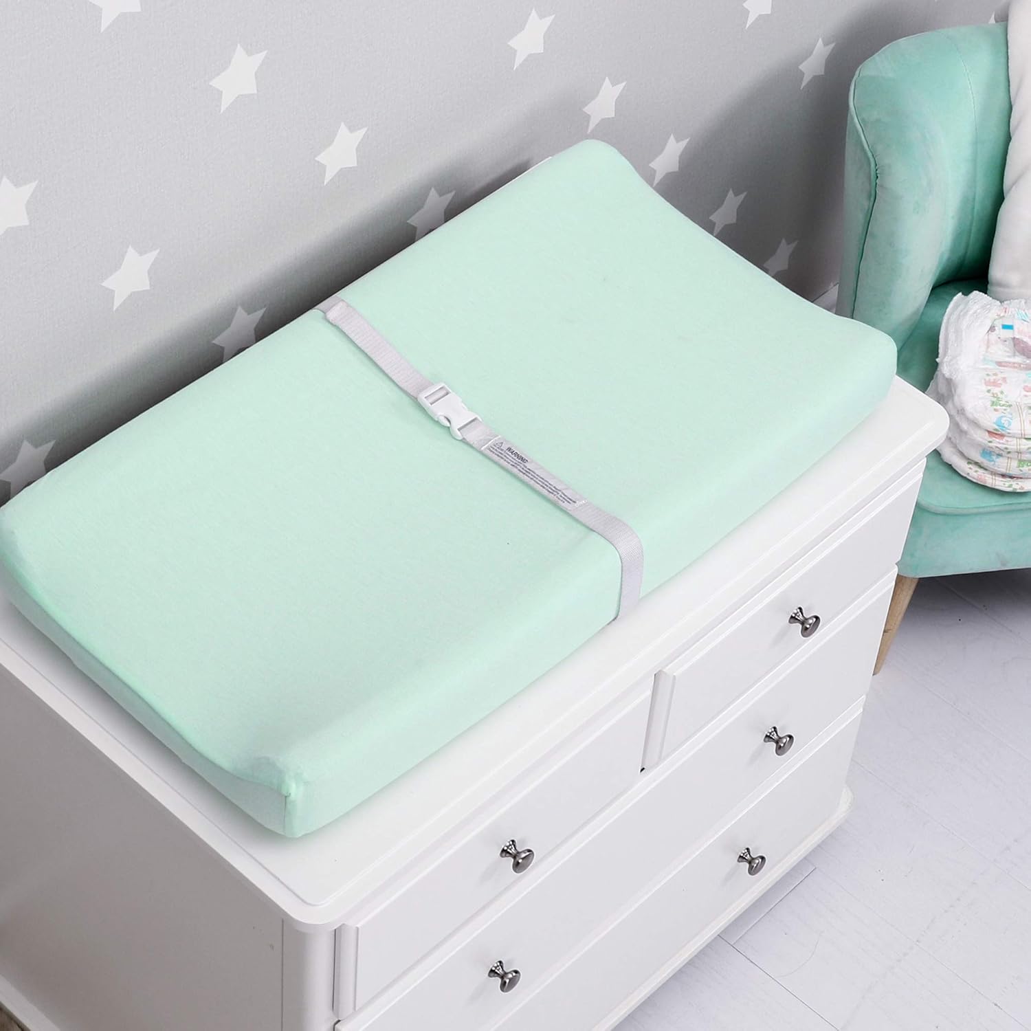 TILLYOU Changing Pad Cover Set in Soft Jersey Material - Fits 32"/34''x16 Contoured Pad for Babies, Lt Green & Lt Gray